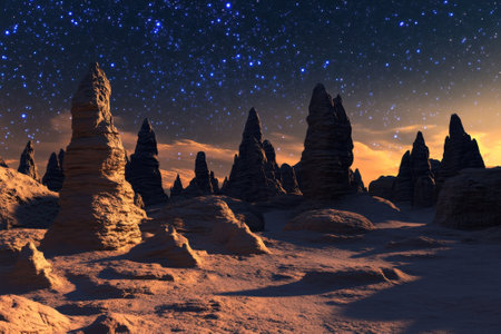 Rugged rock formations are illuminated by twilight while a starry sky stretches overhead in the desert.の写真素材