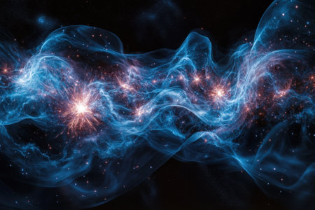 Bright stars illuminate a swirling cosmic nebula in deep space, showing vibrant colors and textures.の写真素材