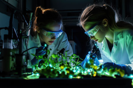 Two scientists examine small plants under LED lights in a lab to study growth patterns and responses.の写真素材