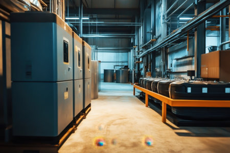 A spacious industrial site with large machines and equipment along a well-lit production line.の写真素材