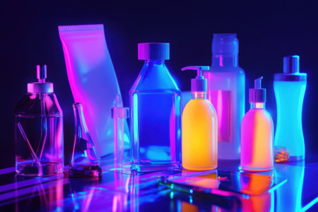 Brightly colored beauty and skincare products are neatly arranged, illuminated under vibrant lighting.の写真素材
