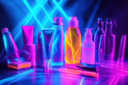 Various cosmetic products are displayed with colorful neon lights creating a vibrant atmosphere.の写真素材