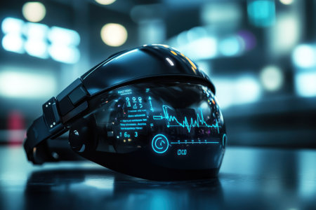 A futuristic helmet with a sleek design integrates augmented reality and health metrics in a high-tech environment.の写真素材
