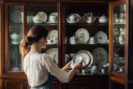 A woman inspects porcelain dishes in a vintage wooden cabinet, focusing on their intricate designs.の写真素材