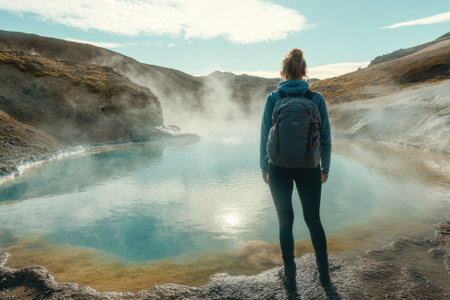A hiker gazes at a steaming geothermal pool, surrounded by rugged landscapes and early morning light.の写真素材