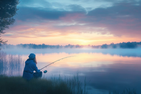 A person is fishing alone at dawn by a peaceful lake with mist rising from the water and pink sky.の写真素材