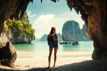 A person stands at the mouth of a cave, gazing at clear waters and rocky islands under a sunny sky.の写真素材