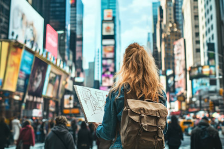 A woman with curly hair draws in a sketchbook while observing the lively atmosphere of Times Square.の写真素材