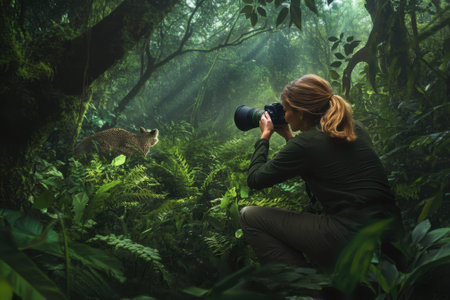 A person crouches in a lush rainforest, photographing a curious animal amidst vibrant greenery and soft lighting.の写真素材