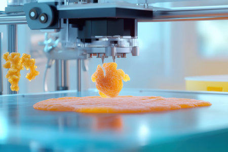 Innovative technology transforms orange material into intricate shapes in a futuristic kitchen setting.の写真素材
