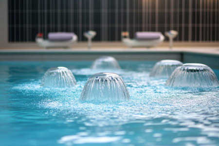 Soothing water fountains bubble in a tranquil pool, enhancing the peaceful vibe of a luxurious spa environment.の写真素材