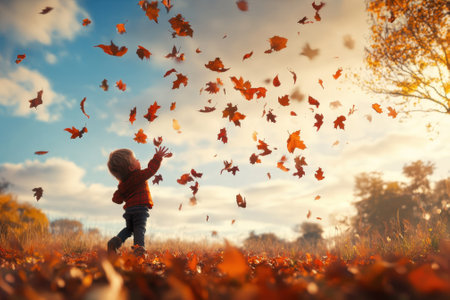 A young child is happily throwing orange and brown leaves into the air on a sunny autumn day.の写真素材