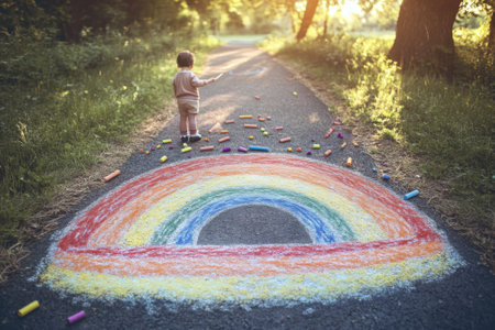 A young child stands on a dirt road, drawing a vibrant rainbow with sidewalk chalk, surrounded by nature.の写真素材