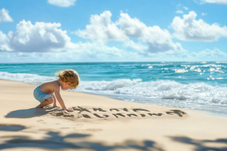 A joyful child is kneeling in soft sand, writing their family name as waves gently lap at the shore.の写真素材