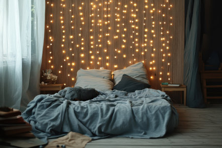 A serene bedroom features a soft bed surrounded by warm fairy lights and a tranquil atmosphere.の写真素材