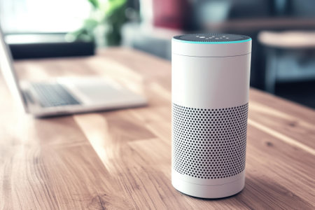 A smart speaker stands on a wooden table in a contemporary office setting with a laptop close by.の写真素材