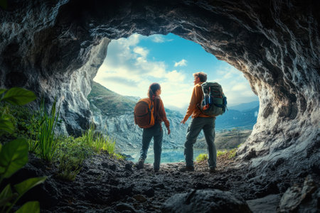 Two friends stand at the entrance of a cave, enjoying the stunning view of the landscape and sky.の写真素材