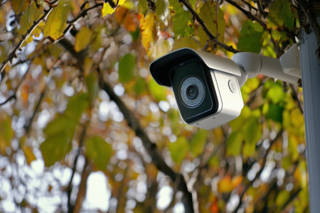 A security camera is installed among vibrant autumn leaves, ensuring safety in a residential space.の写真素材