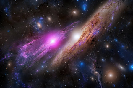 Two galaxies merge in deep space, showing vibrant pink and white hues among countless stars.の素材
