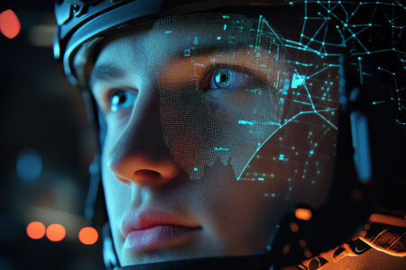 A young individual is wearing a high-tech helmet displaying digital graphics, appearing focused and engaged.の写真素材