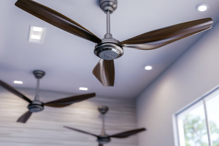 Three ceiling fans with wooden blades rotate quietly in a contemporary room with bright lighting.の写真素材