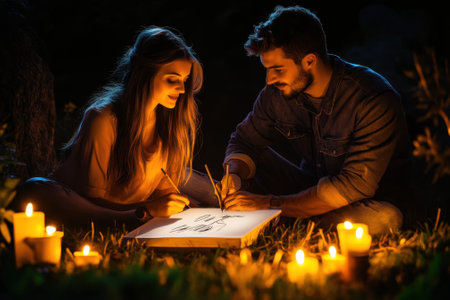 Two people draw together surrounded by glowing candles in a peaceful nighttime environment.の写真素材