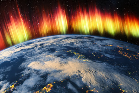 Vivid colors of the aurora borealis glow above Earth, showing natural beauty in the night sky from space.の写真素材