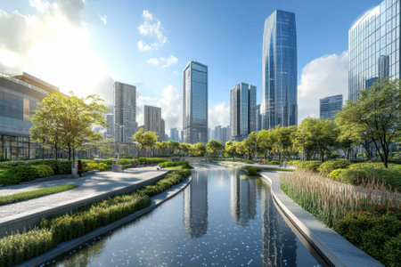 Lush greenery and a calm waterway create a tranquil oasis amidst towering skyscrapers under a clear sky.の写真素材