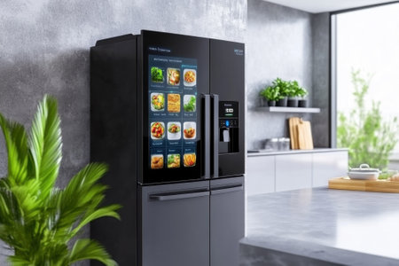 A contemporary kitchen features a sleek smart refrigerator displaying enticing meal options, surrounded by greenery.の写真素材