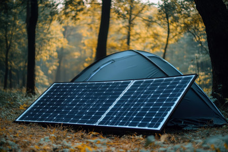 A tent with solar panels shines among vibrant autumn leaves, showcasing sustainable camping.の写真素材