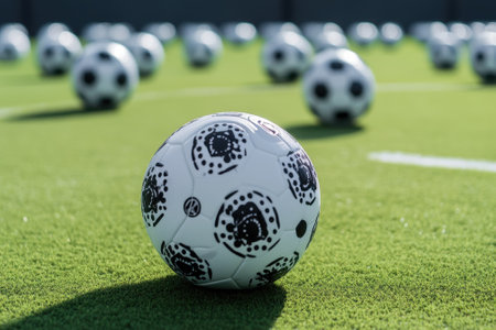 Dozens of soccer balls are neatly spread across a green turf field under bright daylight, ready for training.の写真素材