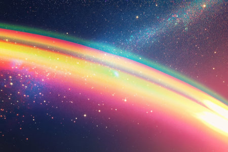 A brilliant rainbow glows in the dark, star-filled sky, creating an enchanting celestial atmosphere at night.の写真素材