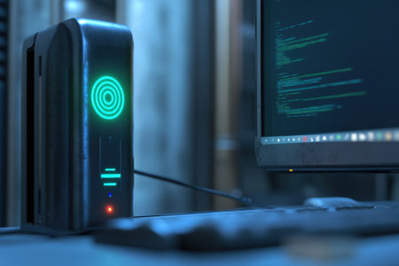 A sleek computer workstation features a glowing device and a monitor filled with lines of code, lit softly.の写真素材