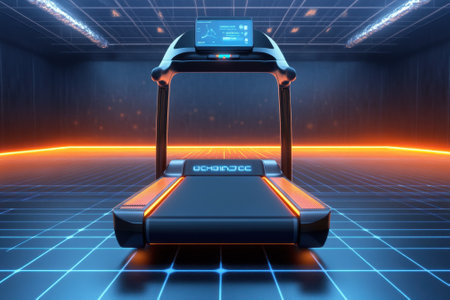 Modern treadmill equipped with a sleek design and bright neon accents in a high-tech gym environment.の写真素材