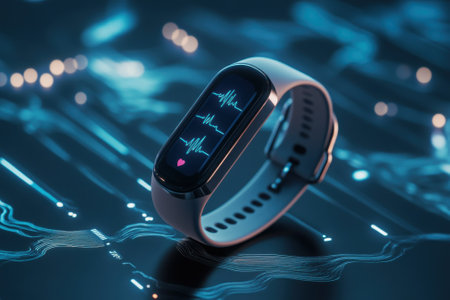 A smart fitness tracker shows heart rate readings while surrounded by an abstract digital background.の写真素材