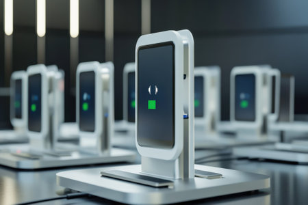 Rows of sleek digital devices recharge in a contemporary workspace designed for innovation and technology.の写真素材
