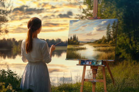 A woman is painting a beautiful landscape with a river and sunset in the background, enjoying nature.の写真素材