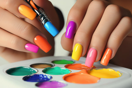Hands showcase vibrant nail art as a person paints colorful designs with a brush near a palette.の写真素材