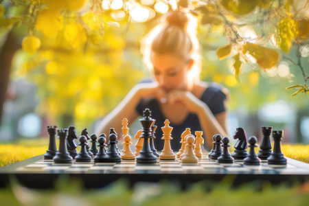 A young woman sits outdoors under a tree, deep in thought as she plays chess against herself in a vibrant park.の写真素材