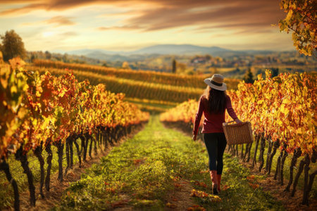 A woman strolls through a vibrant vineyard, collecting grapes in a basket under a setting sun.の写真素材