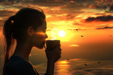 A woman is sipping a warm beverage while watching the sunset over the ocean, surrounded by flying birds.の写真素材