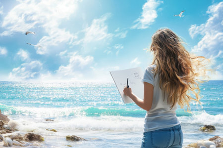 A woman with long hair stands at the shore, sketching the sparkling sea and vibrant sky on a sunny day.の写真素材