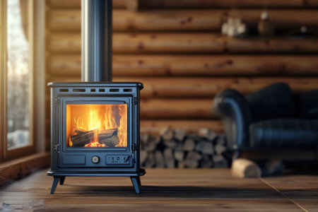 A log cabin interior showcases a glowing wood stove, creating a warm and inviting atmosphere for relaxation.の写真素材