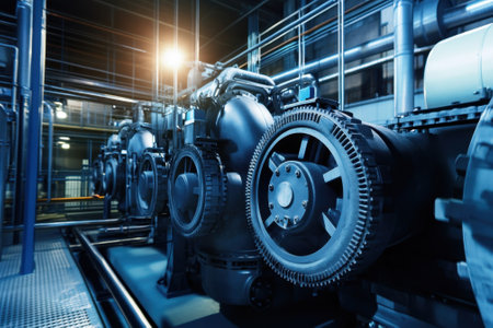 Heavy machinery fills a factory space, illuminated by bright lights, creating an industrial atmosphere.の写真素材