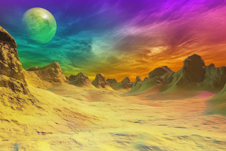 Vividly colored mountains and a bright moon create an otherworldly atmosphere in a surreal landscape.の写真素材