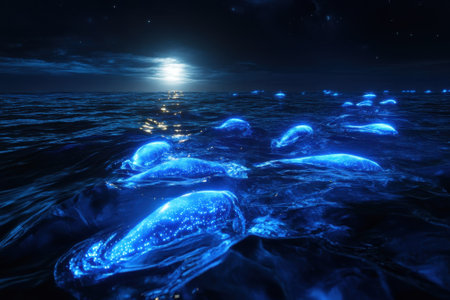 Glowing marine organisms float in the calm ocean, reflecting moonlight in a serene night atmosphere.の写真素材