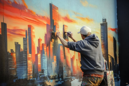 A talented artist passionately paints a colorful city skyline mural as the sun sets, bringing life to the urban space.の写真素材