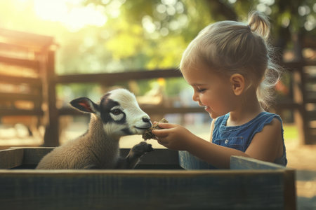 A young girl joyfully feeds a goat while seated in a wooden crate on a sunny day at the farm.の写真素材