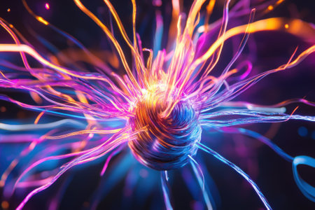 A vibrant display of swirling energy and light with glowing strands extending outward in various colors.の写真素材