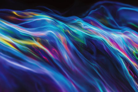 Colorful waves ripple across a dark background, creating an immersive and dynamic visual experience.の写真素材